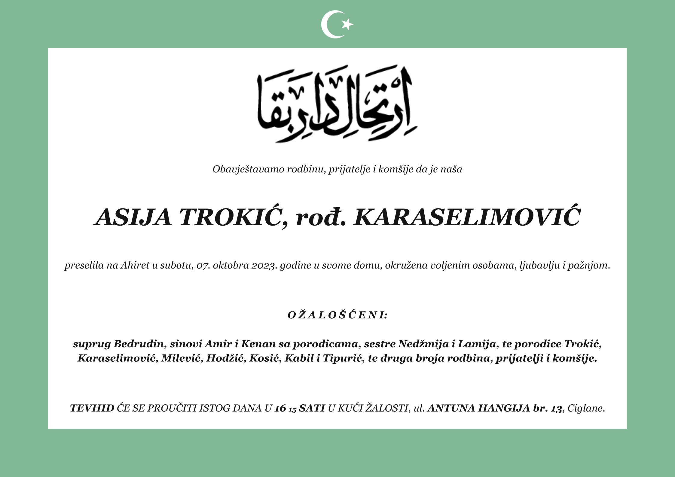 Smrtovnica — ASIJA TROKIĆ, rođ. KARASELIMOVIĆ