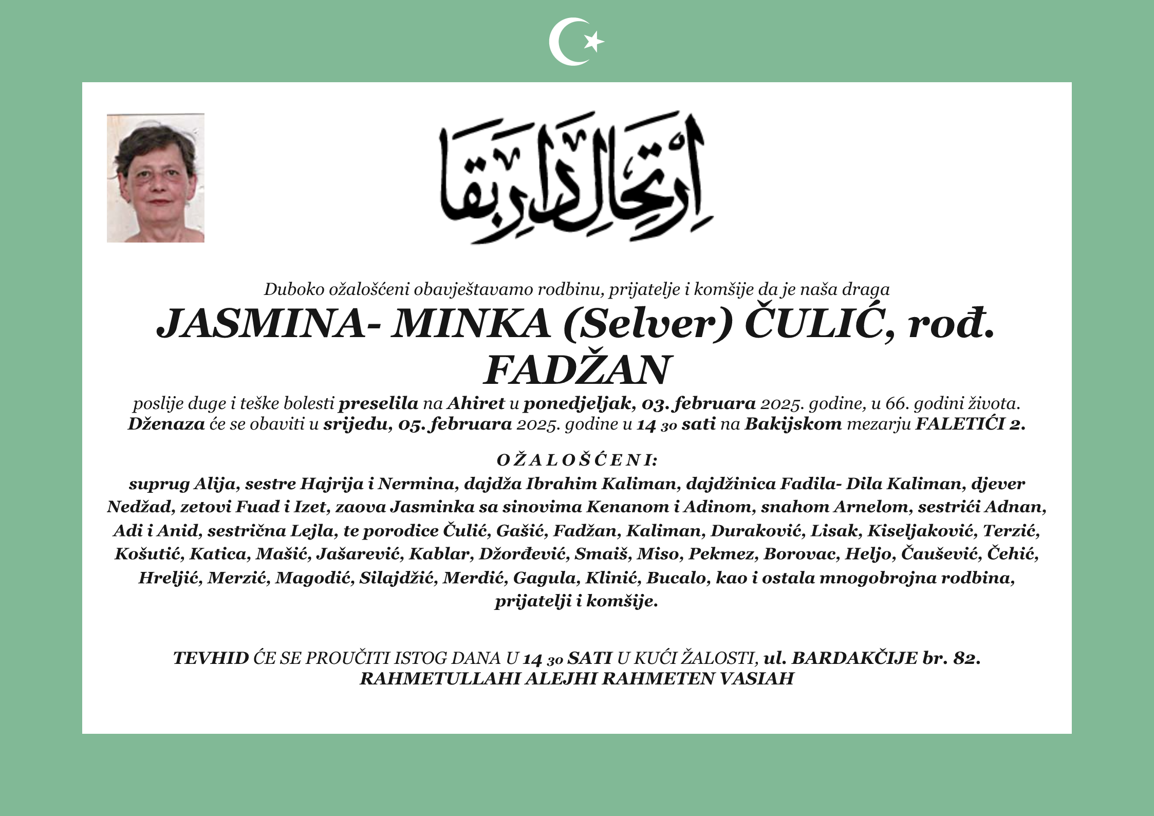 Smrtovnica — JASMINA- MINKA (Selver) ČULIĆ, rođ. FADŽAN