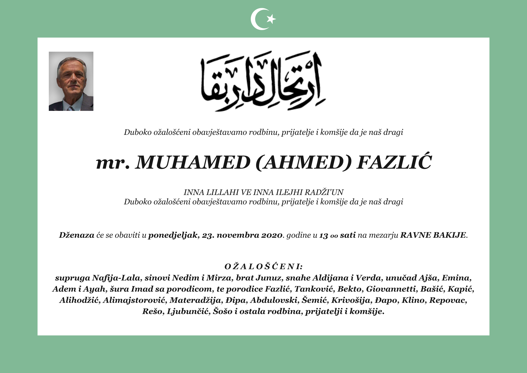Smrtovnica — mr. MUHAMED (AHMED) FAZLIĆ